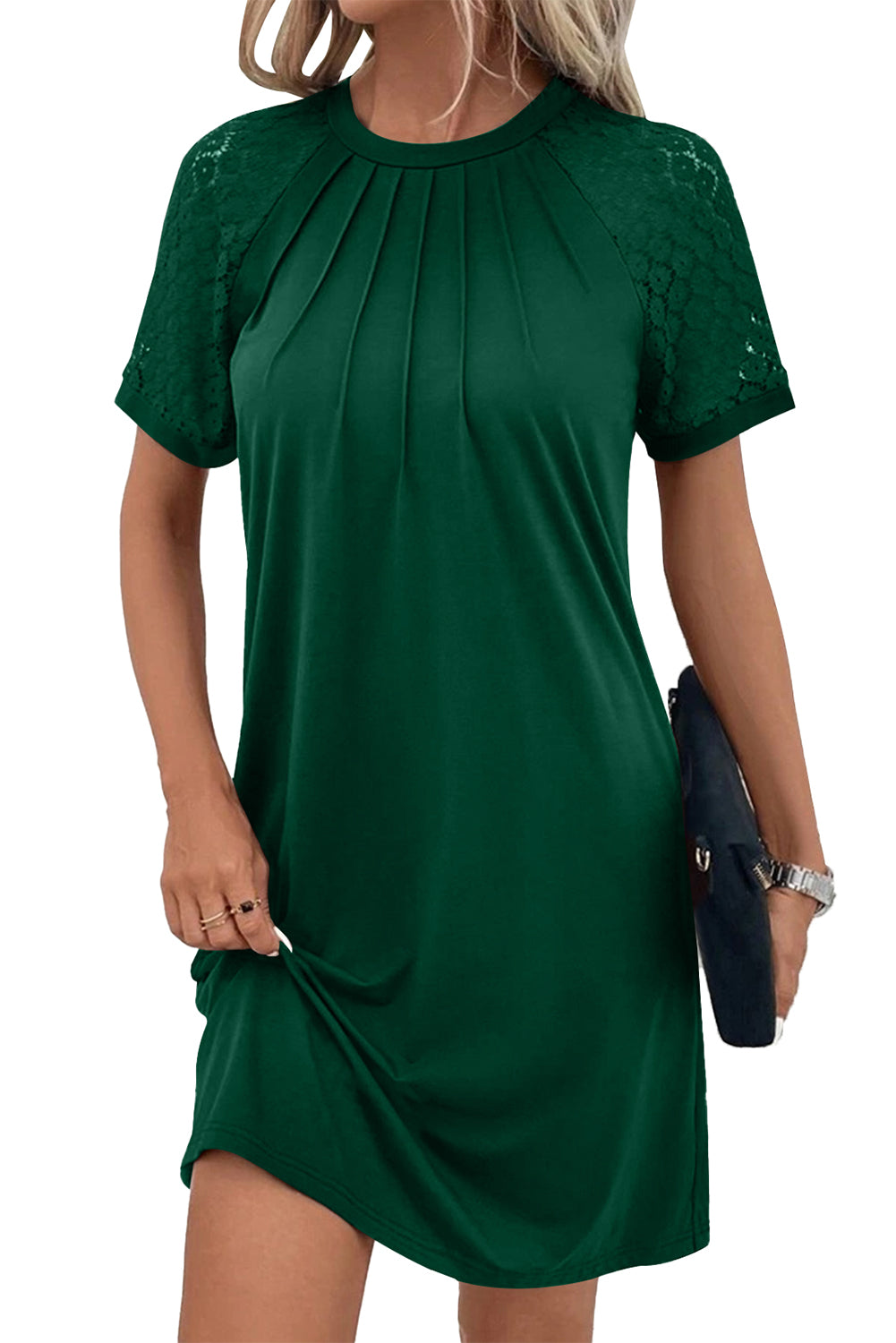 Green Contrast Lace Raglan Sleeve Pleated Detail Shift Dress