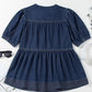 Sail Blue Puff Sleeve Lace-up Neckline Splicing Denim Blouse
