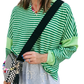 Green Stripe Turn-Down V Neck Patchwork Loose Top