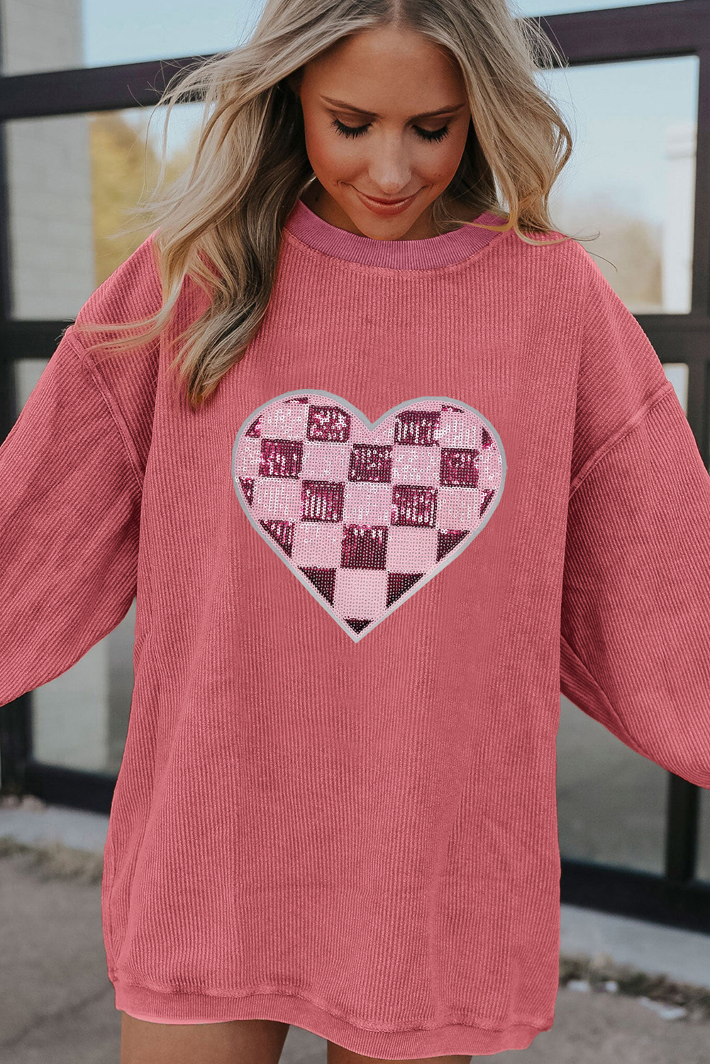 Strawberry Pink Checkerboard Heart Graphic Ribbed Valentines Sweatshirt