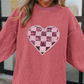 Strawberry Pink Checkerboard Heart Graphic Ribbed Valentines Sweatshirt