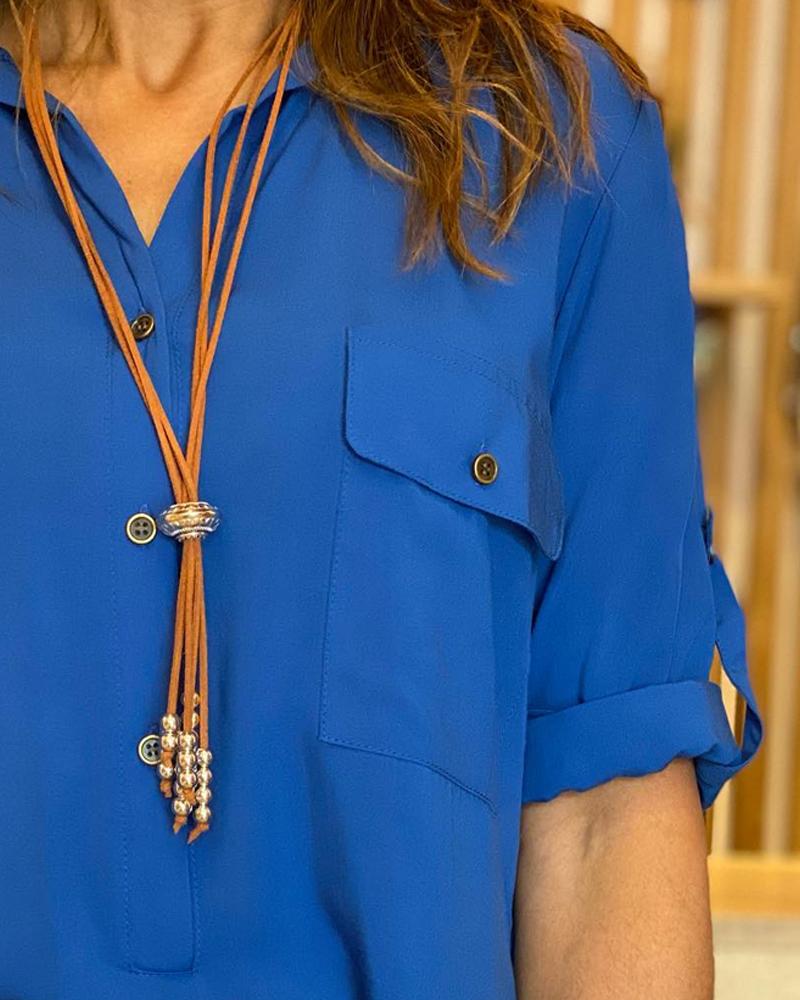 Turn down Collar Pocket Design Long Sleeve Blouse Casual Button Decor Loose Fit Top