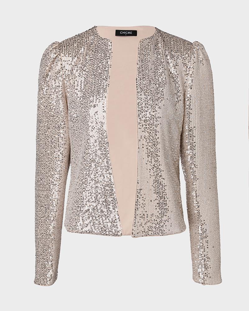 Sparkly Sequin Open Front Puff Sleeve Blazer Coat