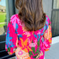 Rose Blooming Flower Print Ruffled Puff Sleeve Blouse