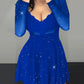 Glitter Sheer Mesh See Through Contrast Lace Long Sleeve Mini Dress Deep V Neck A Line Dresses