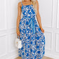 Blue Floral Printed Spaghetti Strap Maxi Dress with Waist Tie