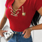 Chain Decor Lace Up V Neck Short Sleeve T Shirt Casual Rhinestone Patch Slim Fit Top