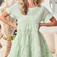 Green Stripe Textured Tiered Short Sleeve Loose Mini Dress