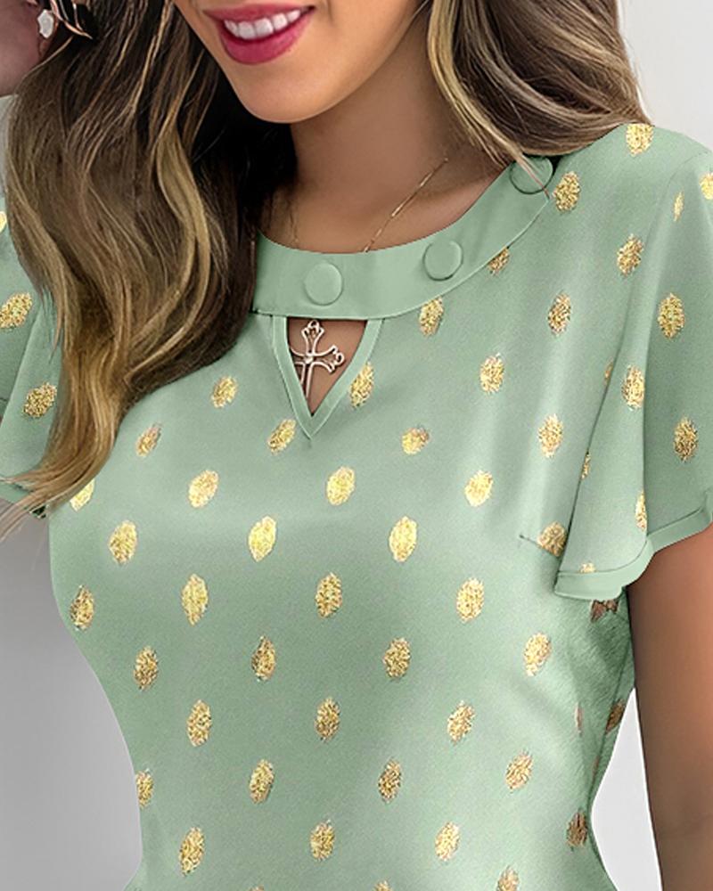 Round Neck Ruffles Short Sleeve Blouse Casual Bronzing Polka Dot Top