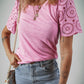 Pink Eyelet Embroidery Scalloped Sleeve Round Neck T Shirt