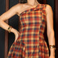 Plaid Print One Shoulder Vacation Dress Casual Cinched Waist A Line Dress