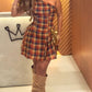 Plaid Print One Shoulder Vacation Dress Casual Cinched Waist A Line Dress