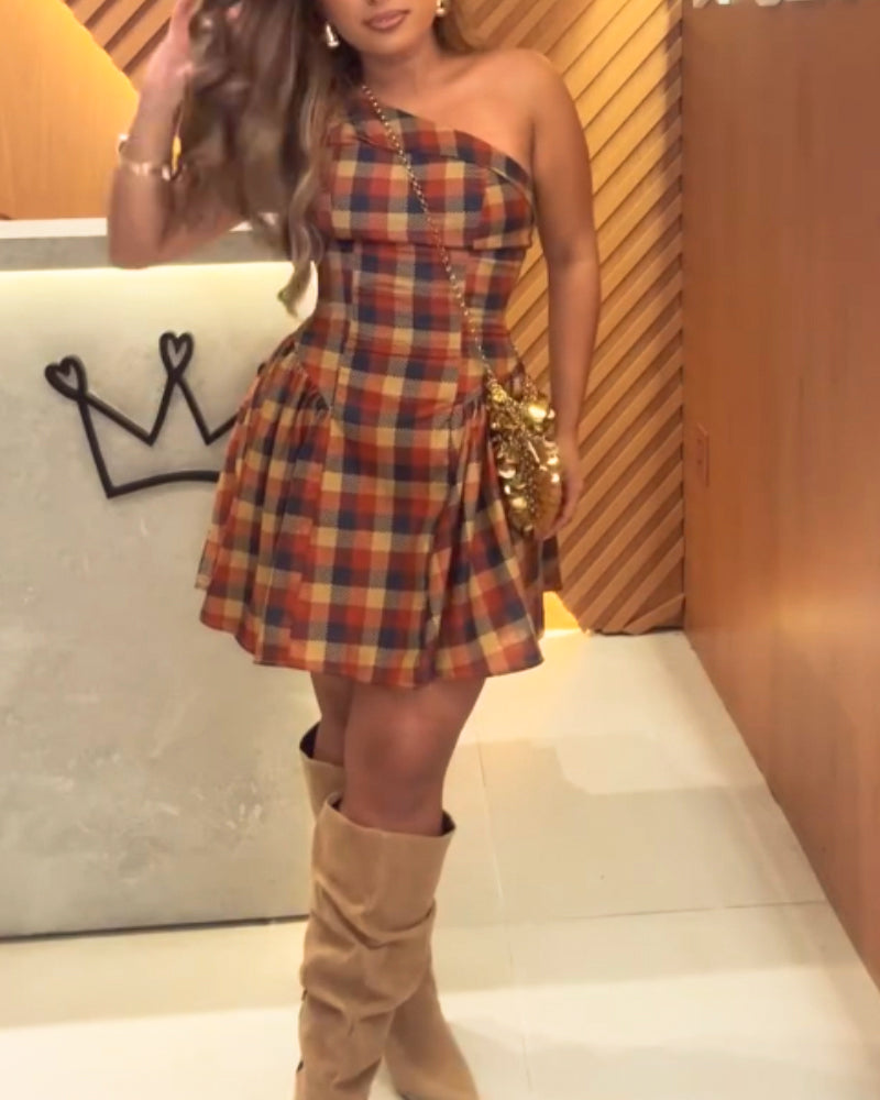 Plaid Print One Shoulder Vacation Dress Casual Cinched Waist A Line Dress