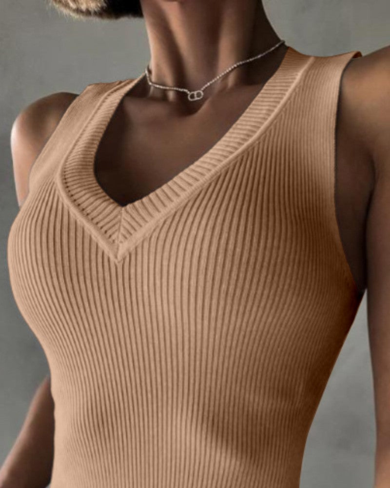 V Neck Sleeveless Bodysuit Sexy Slim Fit Ribbed Tank Body Suits