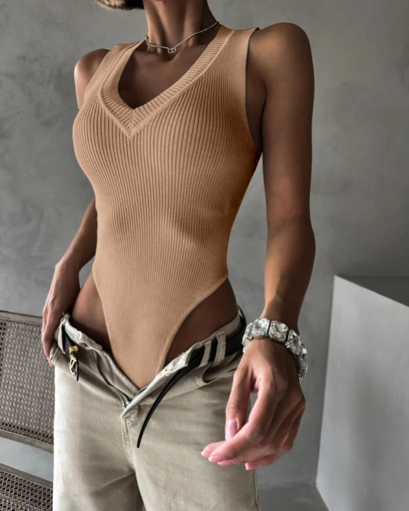 V Neck Sleeveless Bodysuit Sexy Slim Fit Ribbed Tank Body Suits