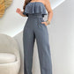 Bandeau Sleeveless Ruffles Jumpsuit with Belt Casual Waist Pocket Design Loose Fit Romper