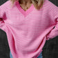 Pink Striped Scallop V Neck Loose Sweater with Slits