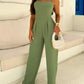 V Neck Spaghetti Strap Shirred Cinch Waist Wide Leg Jumpsuit Elegant Overalls
