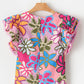 Multicolor Vibrant Floral Print Trimmed Ruffle Sleeve Blouse