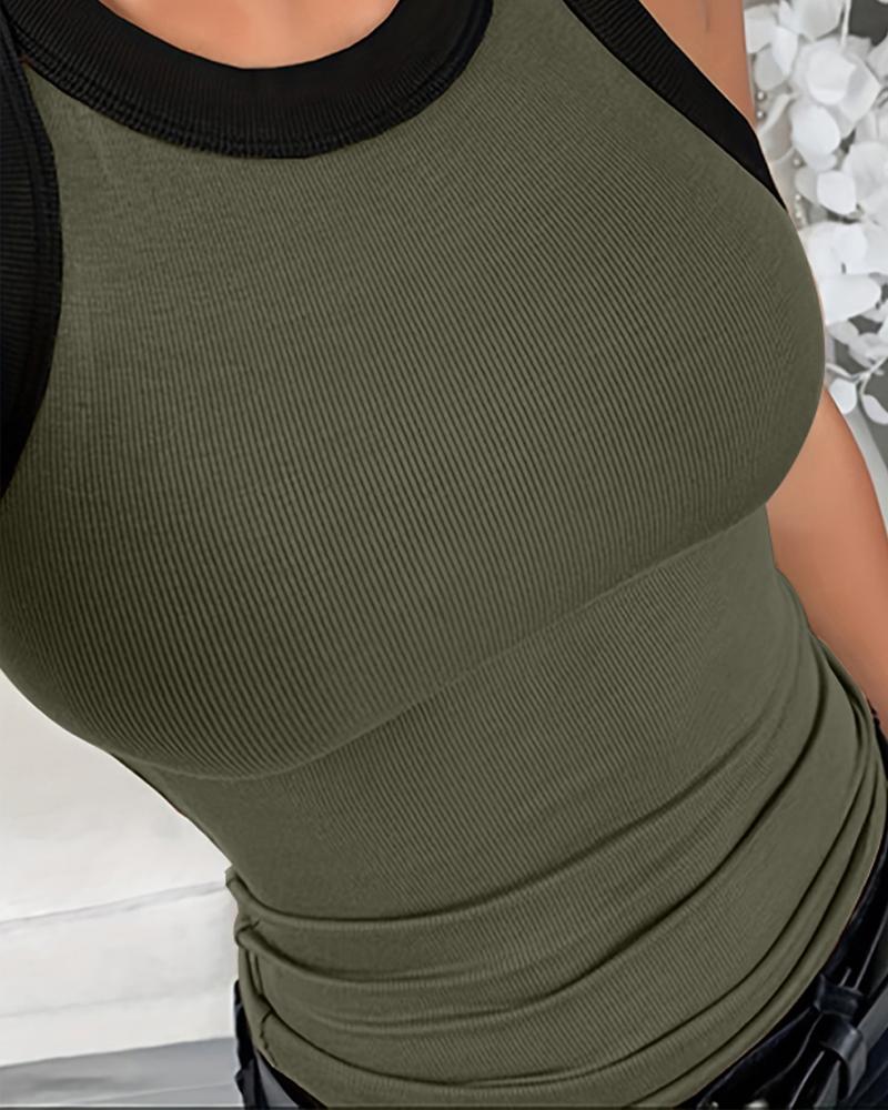 Contrast Binding Tank Tops Summer Sleeveless Basic Cami Top Shirt Slim Knit Ribbed Racerback Blouses