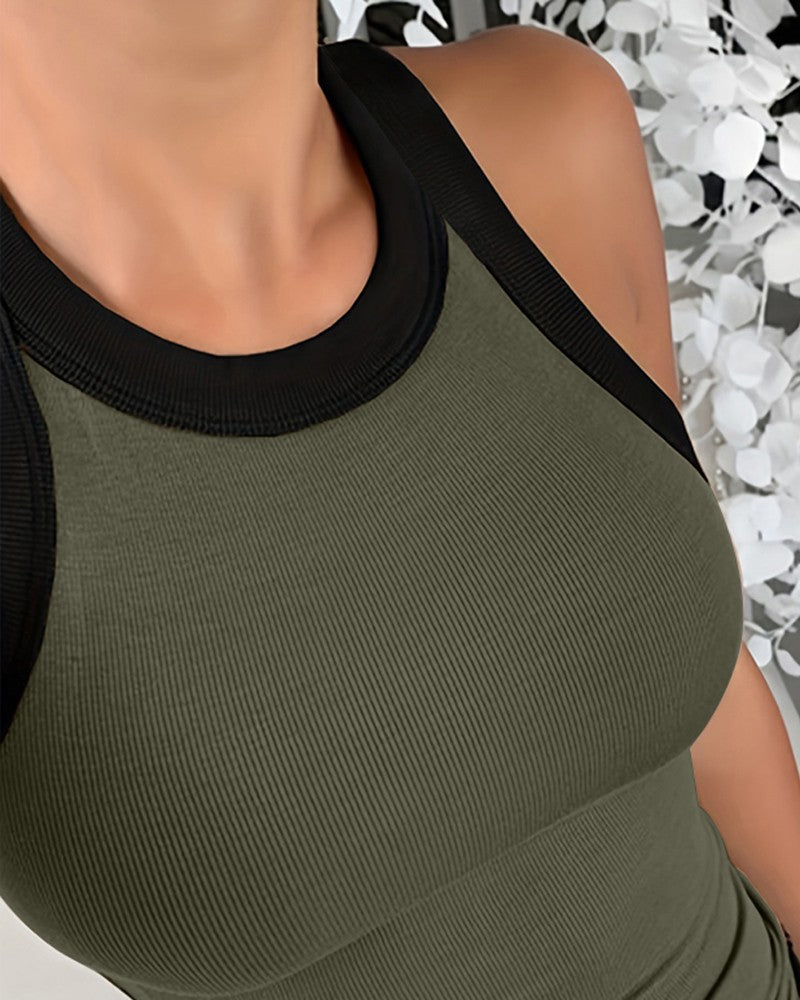 Contrast Binding Tank Tops Summer Sleeveless Basic Cami Top Shirt Slim Knit Ribbed Racerback Blouses