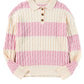 Pink Stripe Cable Knit Collared Henley Sweater