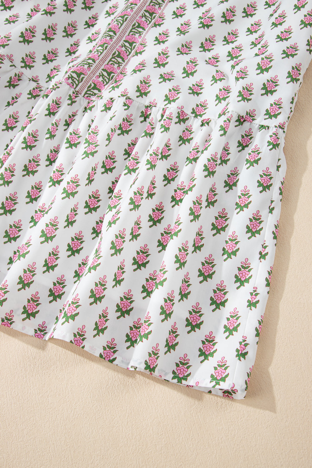 Pink Floral Print Bubble Sleeve Neck Tie Ruffled Dress