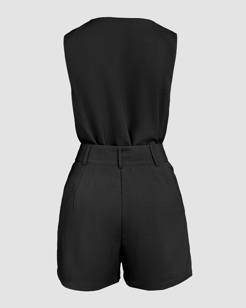 2 Pieces Summer Outfits V Neck Sleeveless Ruched Tank and Casual Pocket Design Shorts Set