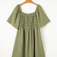 Grass Green Frilly Square Neck Flutter Sleeve Smocked High Waist Plus Size Dress