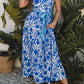 Blue Floral Printed Spaghetti Strap Maxi Dress with Waist Tie
