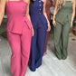 2 Pieces Outfit Spaghetti Strap Button Front Slit Top and Casual Wide Leg Pants Set