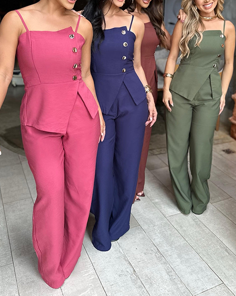 2 Pieces Outfit Spaghetti Strap Button Front Slit Top and Casual Wide Leg Pants Set