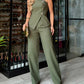 2 Pieces Outfit Spaghetti Strap Button Front Slit Top and Casual Wide Leg Pants Set
