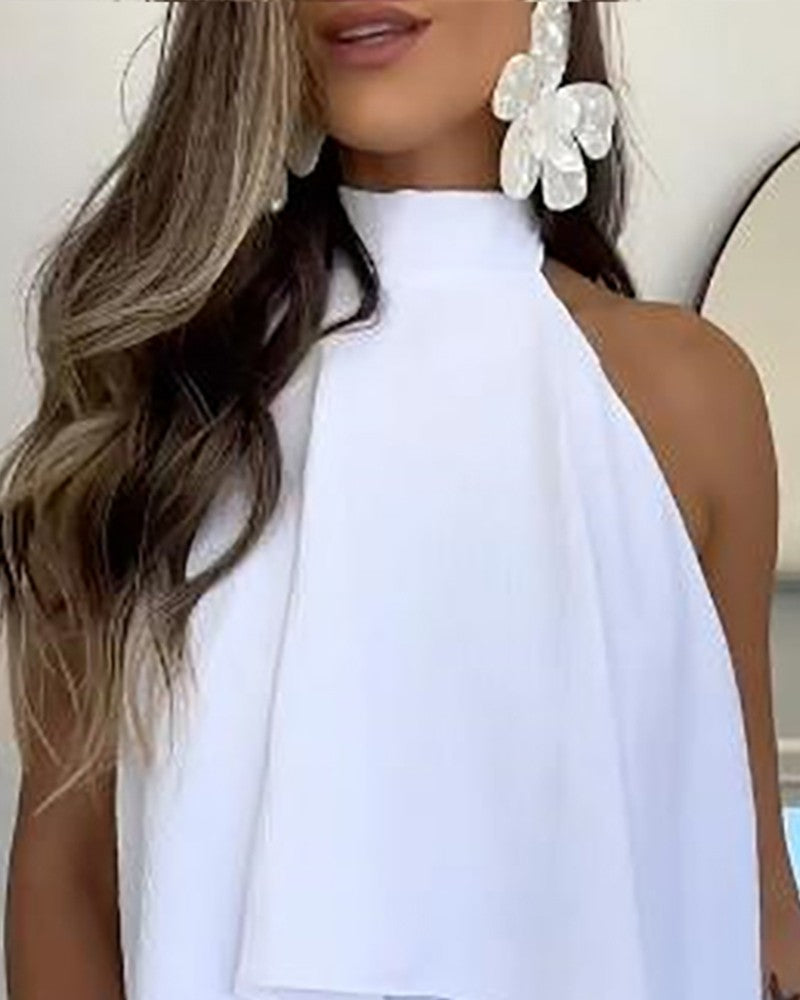 2 Pieces Outfit Halter Neck Sleeveless Tank and Casual Flowy Strechy Waist Shorts Set