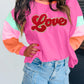 Rose Red Chenille Love Patched Colorblock Long Sleeve Crewneck Top