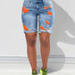 Colorblock Letter Print Ripped 2 In 1 Denim Shorts