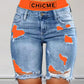 Colorblock Letter Print Ripped 2 In 1 Denim Shorts