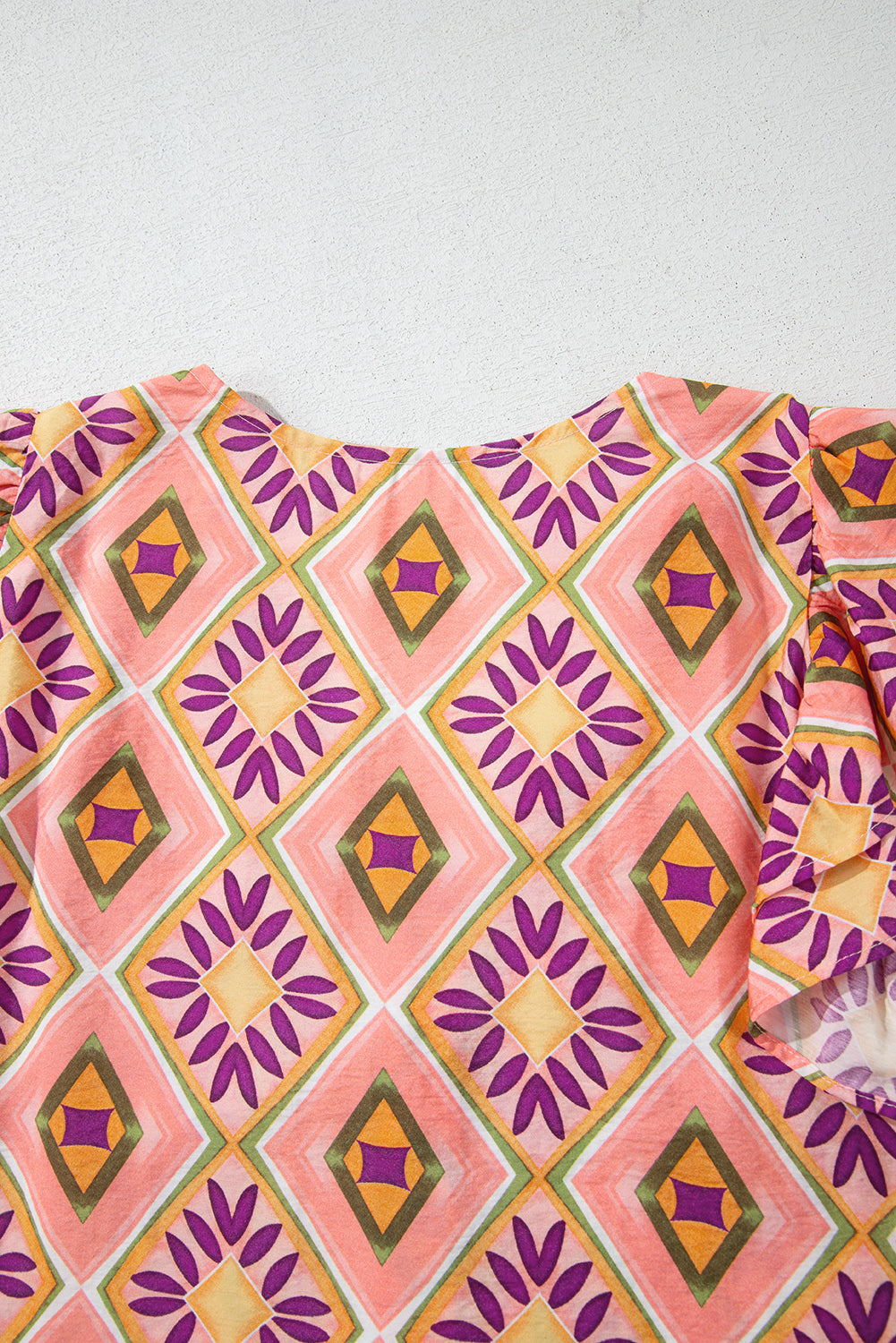 Orange Geometric Floral V Neck Buttoned Ruffled Sleeve Mini Dress