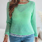 Round Neck Lace Trim Hollow Out Sheer Knit Top Casual Pullover