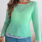 Round Neck Lace Trim Hollow Out Sheer Knit Top Casual Pullover