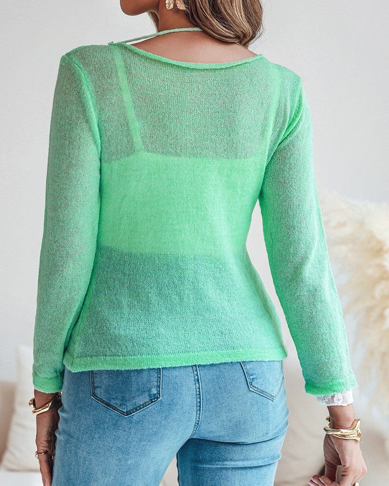 Round Neck Lace Trim Hollow Out Sheer Knit Top Casual Pullover