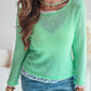 Round Neck Lace Trim Hollow Out Sheer Knit Top Casual Pullover
