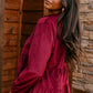 Burgundy Corduroy Ruffle Tiered Buttoned O Neck Shirt