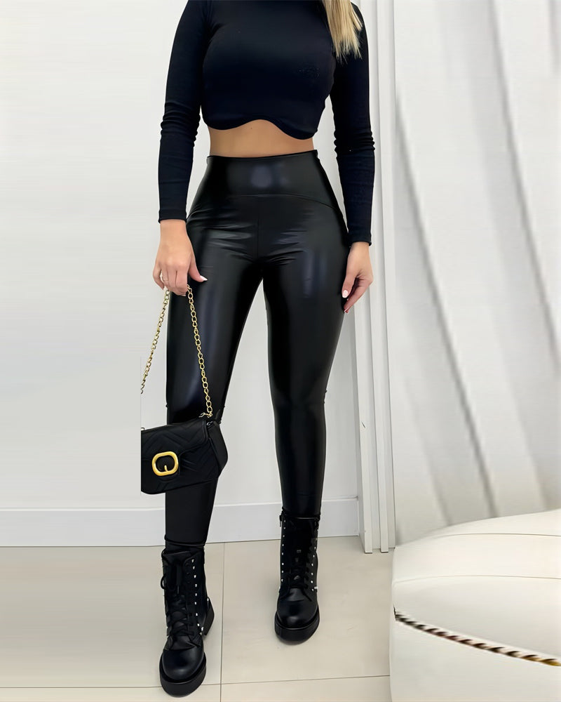 ChicMe CurveEase PU Leather Leggings High Waist Curved Fleece Lined Tights Casual Pants