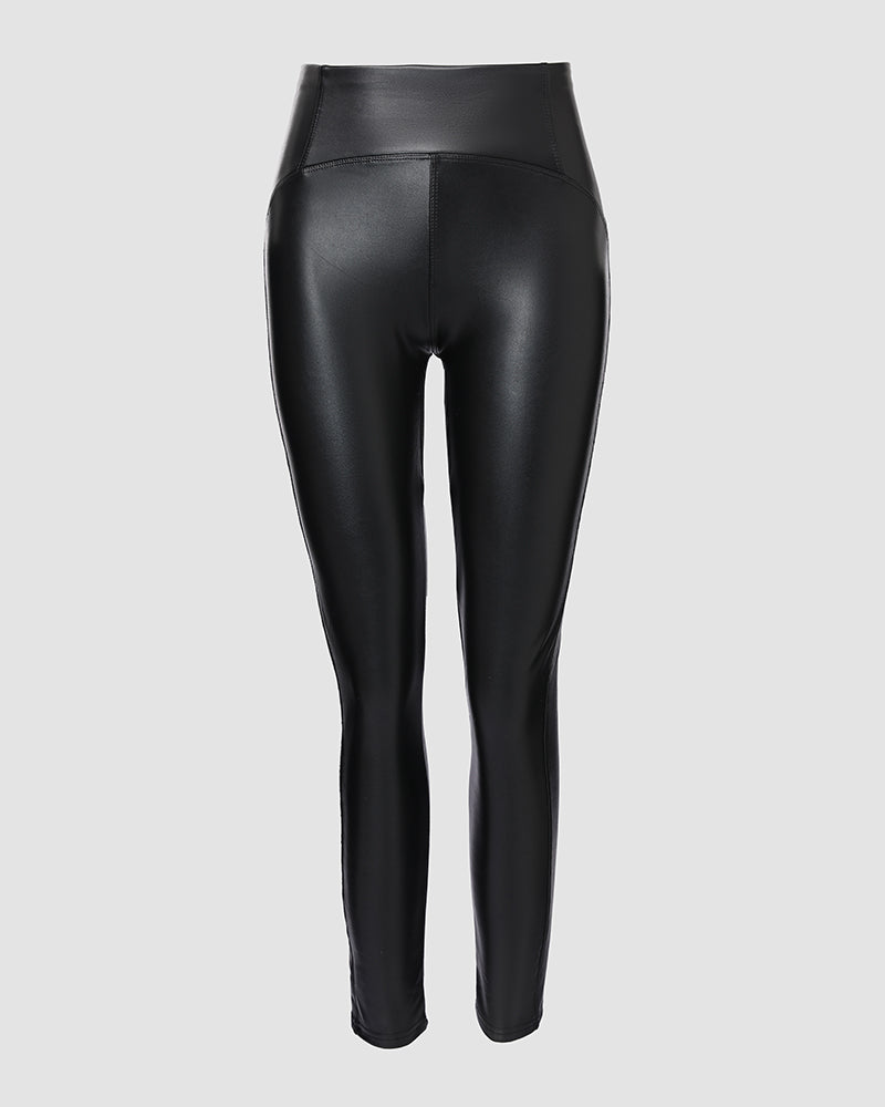 ChicMe CurveEase PU Leather Leggings High Waist Curved Fleece Lined Tights Casual Pants