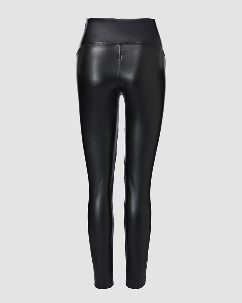 ChicMe CurveEase PU Leather Leggings High Waist Curved Fleece Lined Tights Casual Pants
