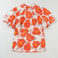 Orange Floral Bubble Sleeve Frill Neck Loose Blouse