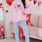 Pink Checkerboard Bow Graphic Round Neck Valentines Sweatshirt