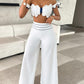 Scallop Trim Off Shoulder Top & Striped Wide Leg Pants Set