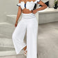 Scallop Trim Off Shoulder Top & Striped Wide Leg Pants Set